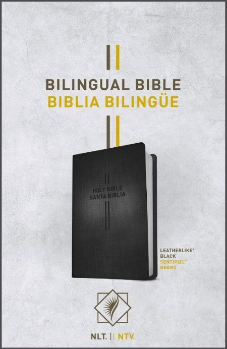 ** Portada de la Biblia bilingüe NLT/NTV en color negro sobre fondo claro.