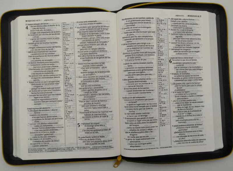 ** Vista aérea de una Biblia abierta mostrando los capítulos 4, 5, y 6 del libro de Romanos