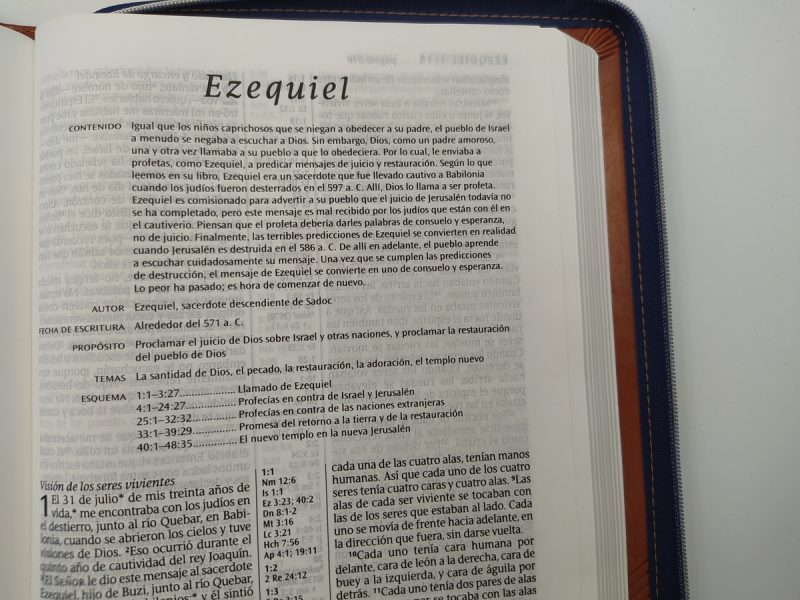 ** Abierta en la sección del libro de Ezequiel de una Biblia, enfocada en los primeros capítulos y con letras claras.