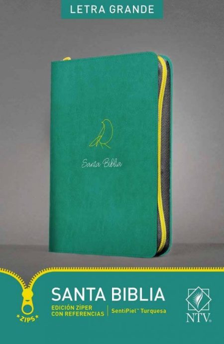 ** Edición de la Santa Biblia NTV con cubierta verde y cierre amarillo.