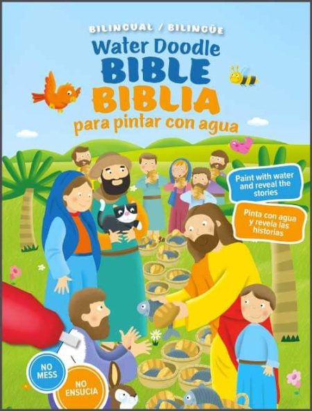 Water Doodle Bible - Biblia para pintar con agua", mostrando una escena colorida con figuras bíblicas y niños. El texto indica que es bilingüe y promueve la pintura sin ensuciar.