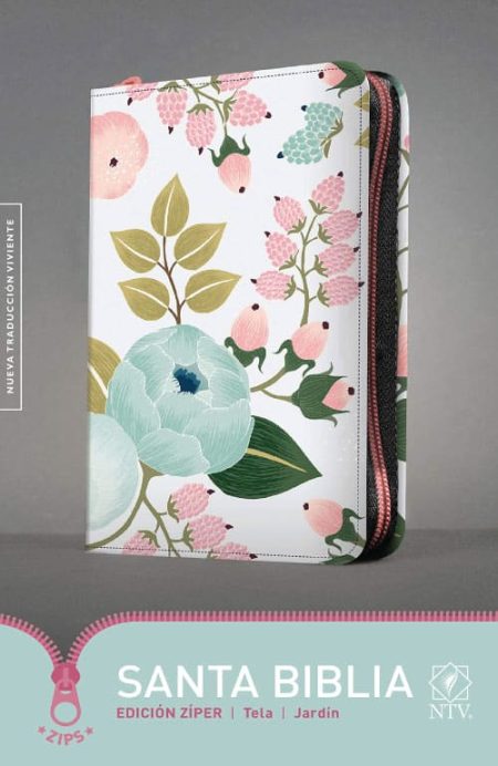 ** Una Biblia NTV con tapa floral en tonos verdes y rosados, y cierre con cremallera.