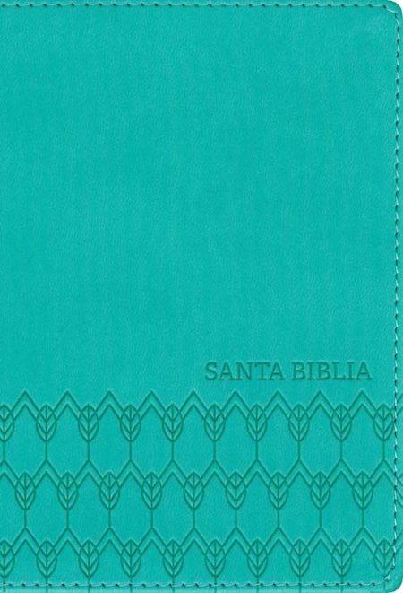 ** Portada de la Santa Biblia con cubierta azul turquesa y diseño en relieve.