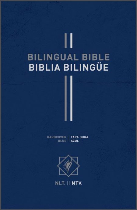 ** Cubierta de la Biblia Bilingüe NTV con diseño en azul.