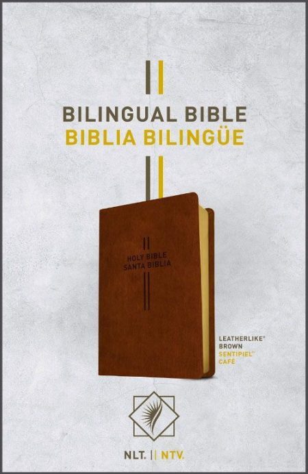 ** Imagen de la portada de una Biblia bilingüe en inglés y español, con tapa de cuero marrón.