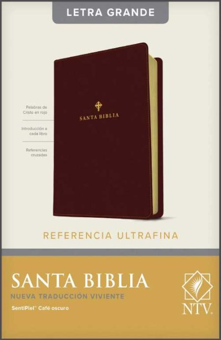 ** Imagen de la portada de una Biblia en la versión Nueva Traducción Viviente (NTV). La cubierta es de color marrón y el texto está en letra grande. Se describe como "Referencia Ultrafina".