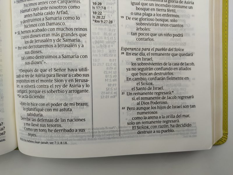 ** Página de una Biblia con el texto de Isaías capítulo 10, versículos 10:24 al 11:4.