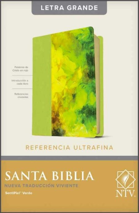 ** Portada de la Santa Biblia, Nueva Traducción Viviente, con diseño de cubierta verde y amarilla.