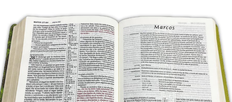 ** Imagen de una Biblia abierta en el Evangelio de Marcos, mostrando texto detallado en columnas con títulos y versículos en diferentes estilos tipográficos.