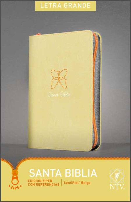 ** Fotografía de una edición de la Santa Biblia en formato grande con cubierta beige y detalles anaranjados.