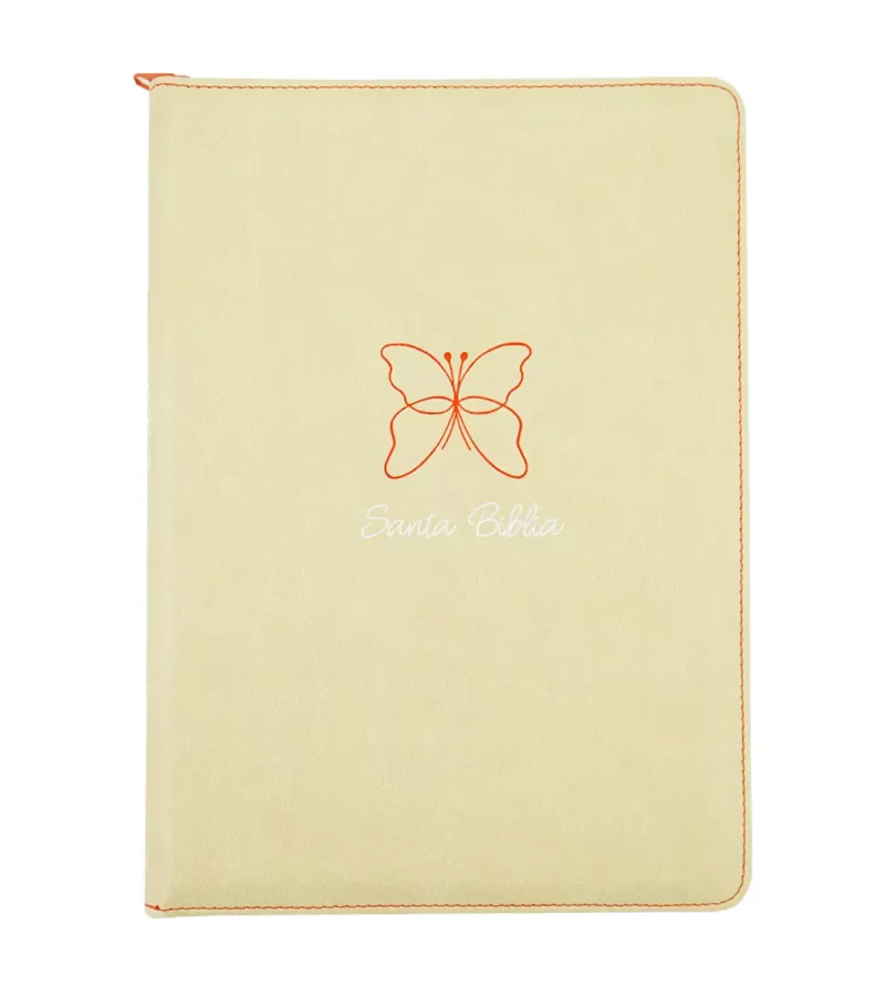 ** Libreta de tapa beige con un diseño de mariposa naranja en el centro y el texto "Escribe tu vida" en blanco.