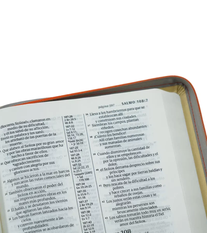 ** Primer plano de una Biblia abierta en el Salmo 100, mostrando texto en español.