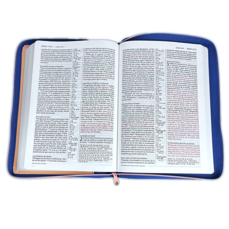 ** Imagen de una Biblia abierta, mostrando texto en sus páginas, con una cubierta azul visible en los bordes.