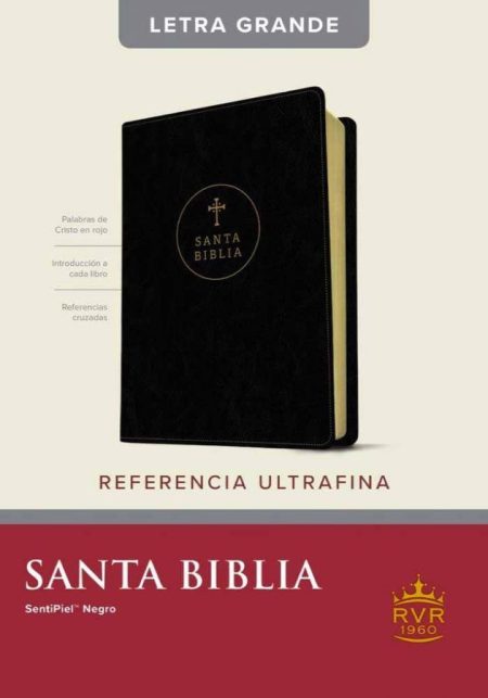 ** Imagen de una Biblia de letra grande con cubierta negra, destacando el texto "Santa Biblia" en la portada. Incluye la descripción "Referencia Ultrafina" y el logotipo de la versión RVR en la esquina inferior.