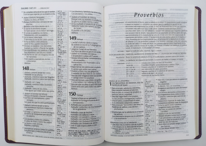 ** Apertura de la Biblia con el final del libro de los Salmos a la izquierda y el comienzo de Proverbios a la derecha.