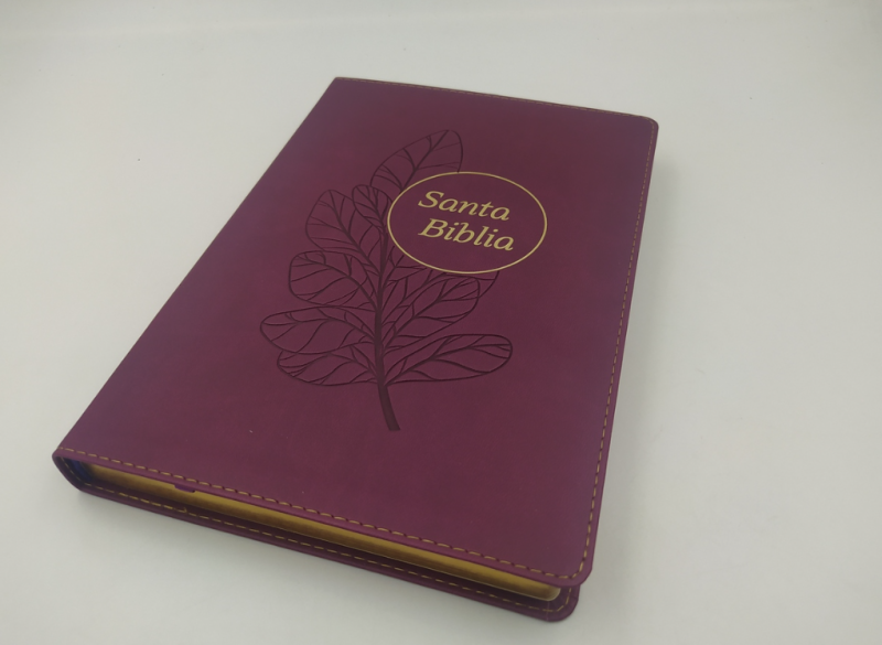 ** Una Biblia con cubierta de color púrpura y un diseño de una rama en el centro, con las palabras "Santa Biblia" grabadas en dorado.