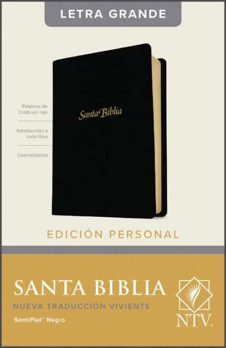 ** Imagen de la portada de una Biblia titulada "Santa Biblia, Nueva Traducción Viviente, Edición Personal". La portada es de color negro y el texto dorado. Se destaca que es de letra grande.