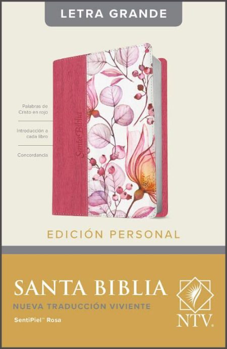  Portada de una Biblia NTV con un diseño floral y tapa dura en color rosa.