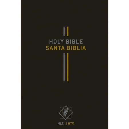 ** Portada de la Biblia NLT/NTV con diseño minimalista en negro y letras doradas.