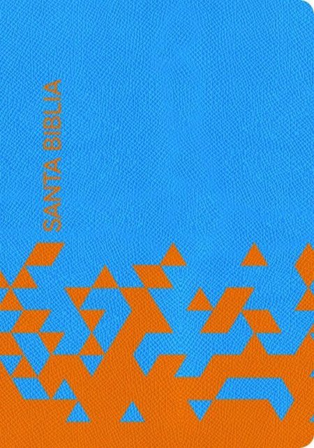  Portada moderna de una Biblia con diseño geométrico en azul y naranja.