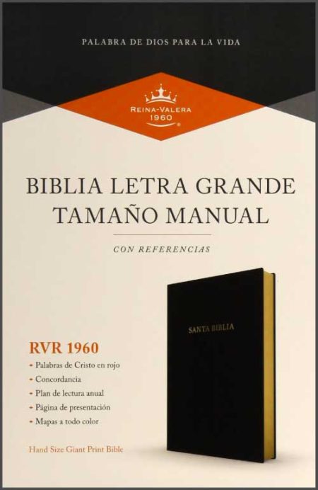 ** Portada de una Biblia Reina-Valera 1960 en edición de letra grande y tamaño manual con referencias, destacando características como palabras de Cristo en rojo y mapas a todo color.