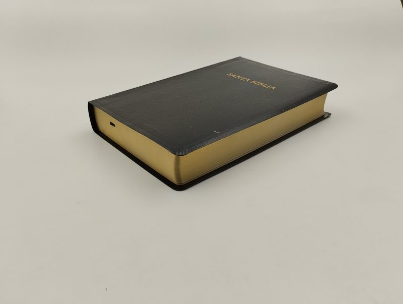 ** Una Biblia cerrada con tapa negra y bordes dorados sobre una superficie blanca.