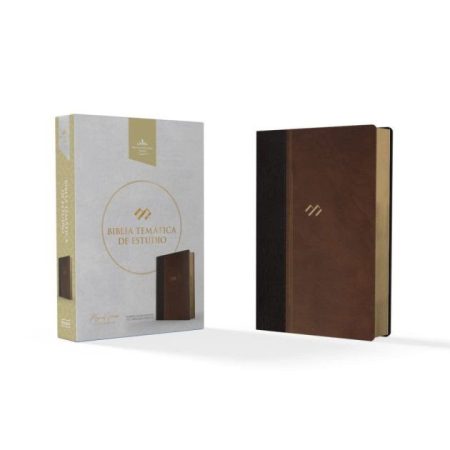 ** Biblia de tapa dura con diseño en dos tonos marrón y dorado, acompañada de su estuche protector.