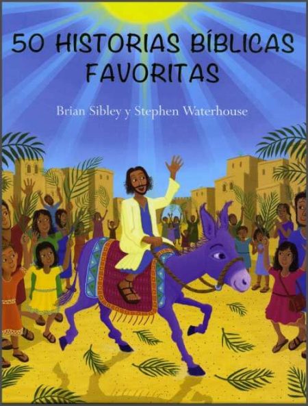 ** Ilustración colorida de una figura bíblica montando un burro azul, rodeada por una multitud en una ciudad con palmeras y casas de fondo. El cielo es azul y soleado.