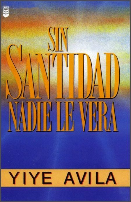 ** Portada del libro titulado "Sin Santidad Nadie Le Verá" de Yiye Ávila. El fondo muestra un efecto de colores degradados con un diseño tipográfico prominente en el centro.
