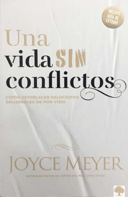 Una vida sin conflictos" de Joyce Meyer, con diseño en letras beige y doradas sobre fondo blanco.