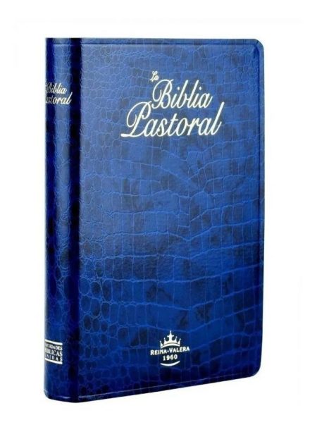 ** Imagen de una edición de "La Biblia Pastoral" con cubierta azul texturizada, mostrando elegantemente el título en blanco.