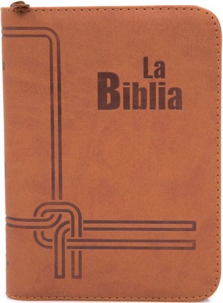 ** Biblia con cubierta de cuero marrón y diseño de líneas en la esquina inferior izquierda, con el título "La Biblia" impreso en la parte superior derecha.