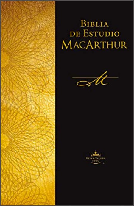 ** Cubierta de la Biblia de Estudio MacArthur con diseño negro y dorado.