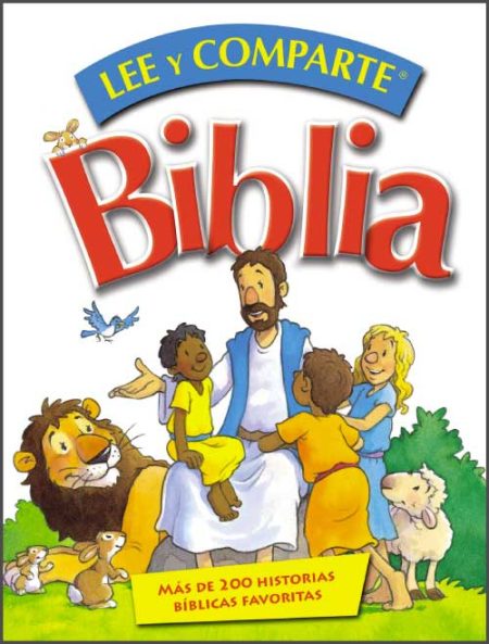 ** Ilustración colorida de un hombre central que rodeado de niños, un león, un cordero, y un pájaro en la portada de una Biblia infantil titulada "Lee y Comparte."