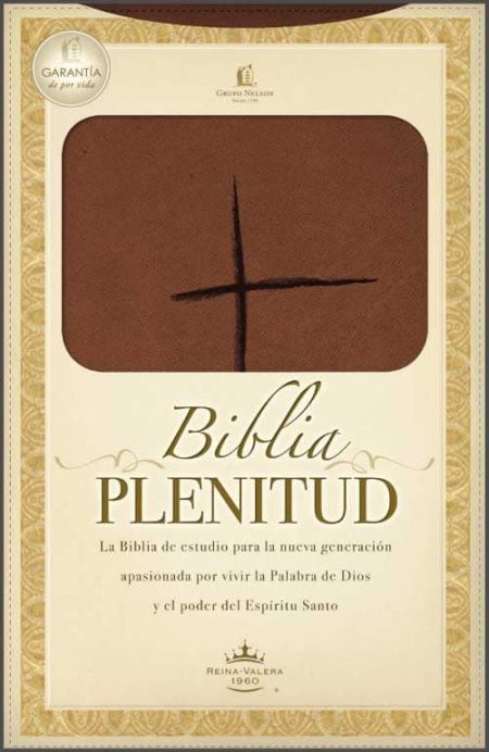 ** Portada de la Biblia Plenitud, con diseño de cruz en el centro y texto promocional destacando su enfoque en la nueva generación.