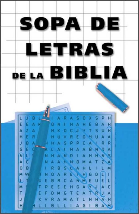 ** Portada de un libro titulado "Sopa de Letras de la Biblia" con una pluma y una cuadrícula de palabras.