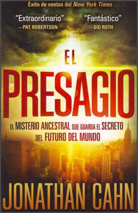 El Presagio" de Jonathan Cahn, con un fondo de una ciudad al atardecer y el título en grandes letras rojas.