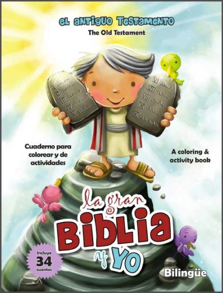 **Texto Alt:** Portada de un cuaderno bilingüe de actividades titulado "La Gran Biblia y Yo", con un dibujo de un niño sosteniendo dos tablas de piedra.