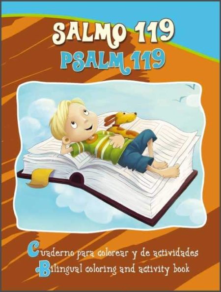 ** Niño recostado sobre un libro grande con un perrito, ilustración del libro bilingüe de colorear y actividades Salmo 119.