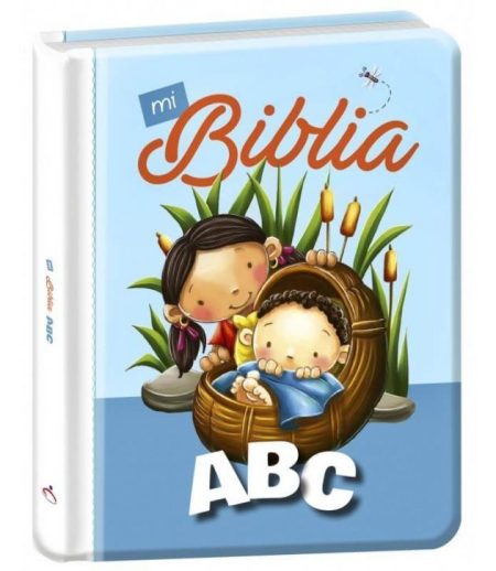 ** Libro infantil titulado "Mi Biblia ABC" con ilustración de un niño en una canasta y una niña al fondo entre juncos.