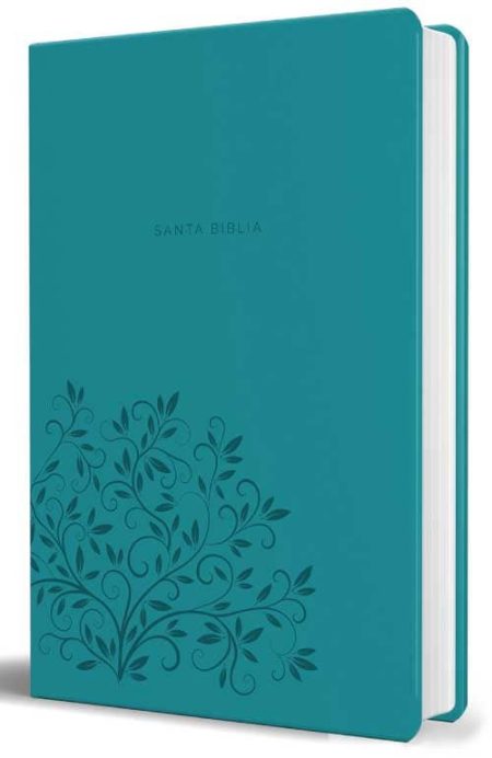 ** Biblia azul de tapa dura con diseño de ramas grabadas en la cubierta.