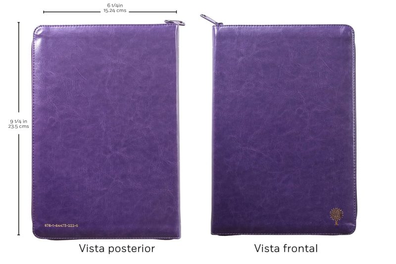 ** Funda de cuero de color morado con cremallera, vista frontal y posterior, con dimensiones de 9.5 x 6.5 pulgadas.