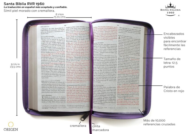 ** Imagen de una Biblia abierta, edición Reina-Valera 1960, con cubierta de color morado y cremallera. Se destacan varias características como el tamaño de letra, encabezados visibles, palabras de Cristo en rojo y cinta de marcadores.