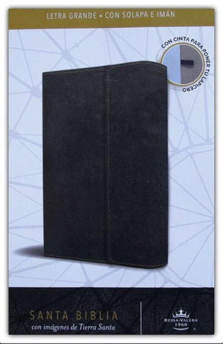 ** Santa Biblia de letra grande con cubierta negra y cierre magnético.