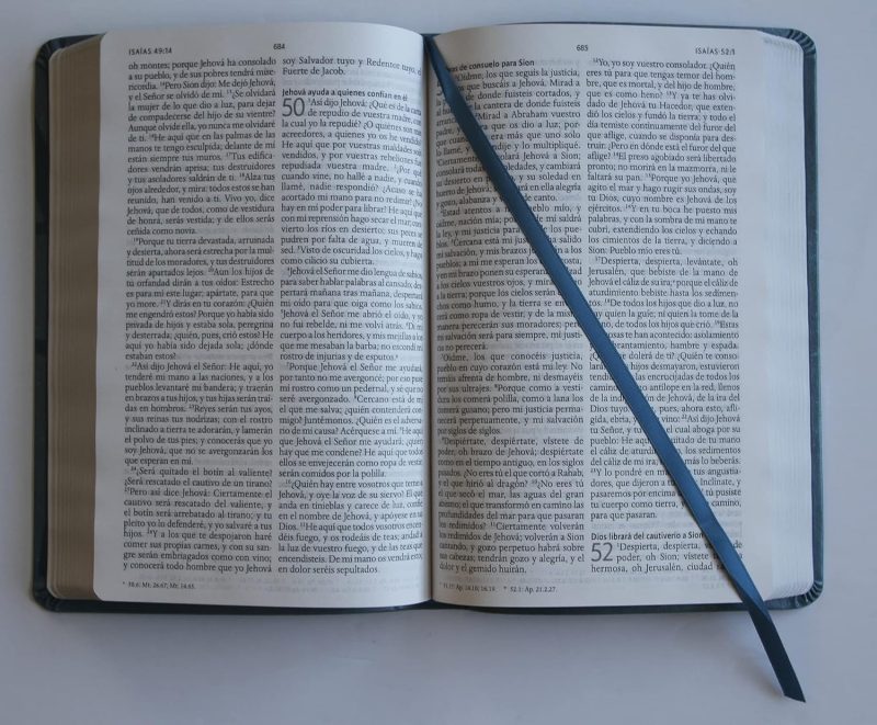 Un libro abierto con un marcador azul colocado en el medio, mostrando dos páginas llenas de texto.