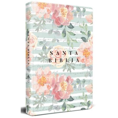** Tapa de una Biblia con fondo de rayas y flores en tonos rosados y verdes.