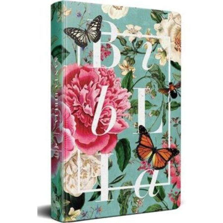 ** Biblia con portada de flores y mariposas sobre un fondo azul verdoso.
