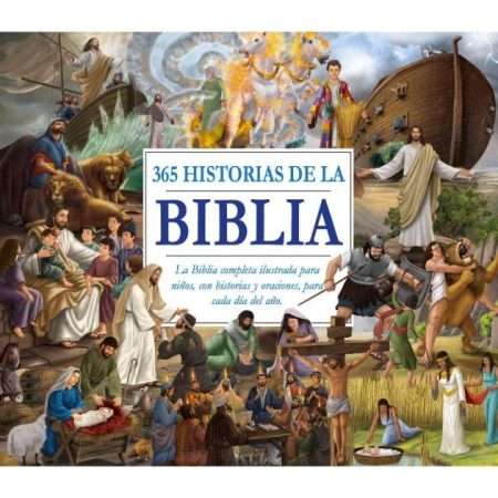 ** Ilustración de la portada de un libro que muestra múltiples escenas bíblicas con la inscripción "365 Historias de la Biblia".