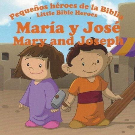 ** "Dibujo de dos niños sonrientes, representando a María y José, frente a un escenario bíblico en tonos cálidos."