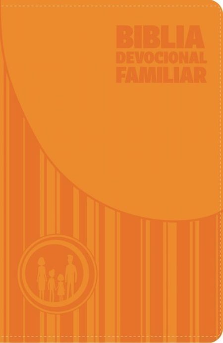 ** Portada de color naranja con texto "Biblia Devocional Familiar" y un diseño gráfico de líneas verticales y una silueta de familia.
